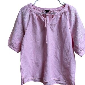 Talbots Pink Linen Cotton Embroidered Blouse Top Small Peasant Tunic Boho